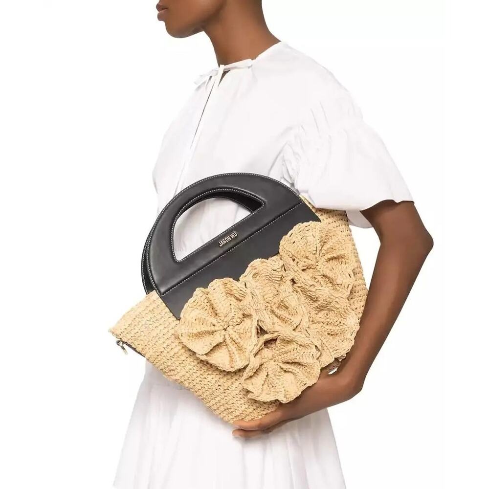 Jason Wu Raffia Floral Tote Bag Black Leather Top Handle Crossbody Purse - Picture 10 of 11